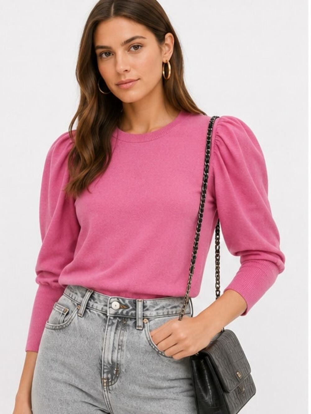 MISA Los Angeles Pink Puff Sleeve Knit Sweater Top Size Small